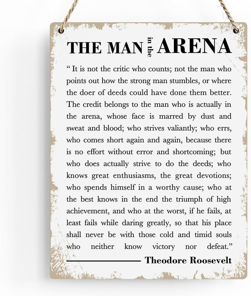 BELLOWDEER Motivational Wood Wall Art Inspirational The Man in The Arena Theodore Roosevelt Quote Hanging Sign Speech Quotes Plaque Signs Farmhouse Home Office Wall Decor Gift for Men 8x10 Inches - Image 1